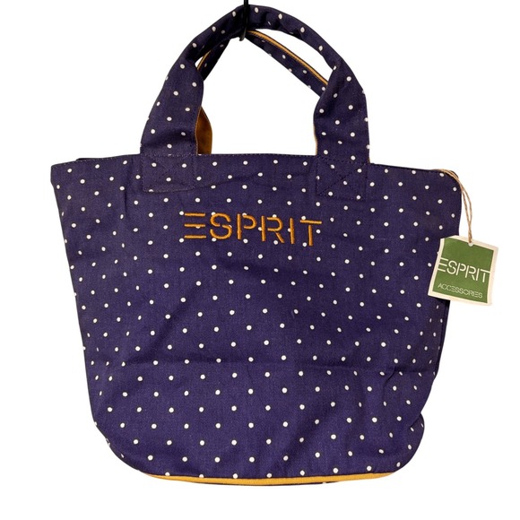 Esprit Handbags - Deadstock Vintage ESPRIT Navy Polka Dot Canvas Zip Tote Bag NWT 90s Y2K Preppy